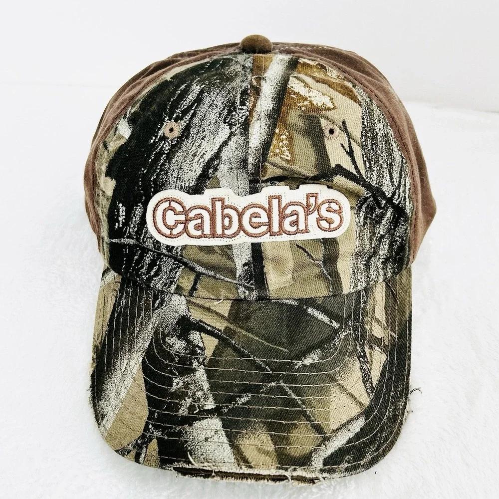 Cabela's Logo Outdoors Camo Hunting Hat Cap Adjustable Strapback Brown Workwear